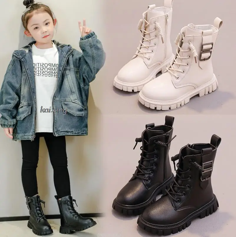 Kids Long Boots Fashion Black Pu Leather Boys Girls Autumn Boot Side Zipper Mid-calf Chic Children\'s Autumn Winter Flat Shoes