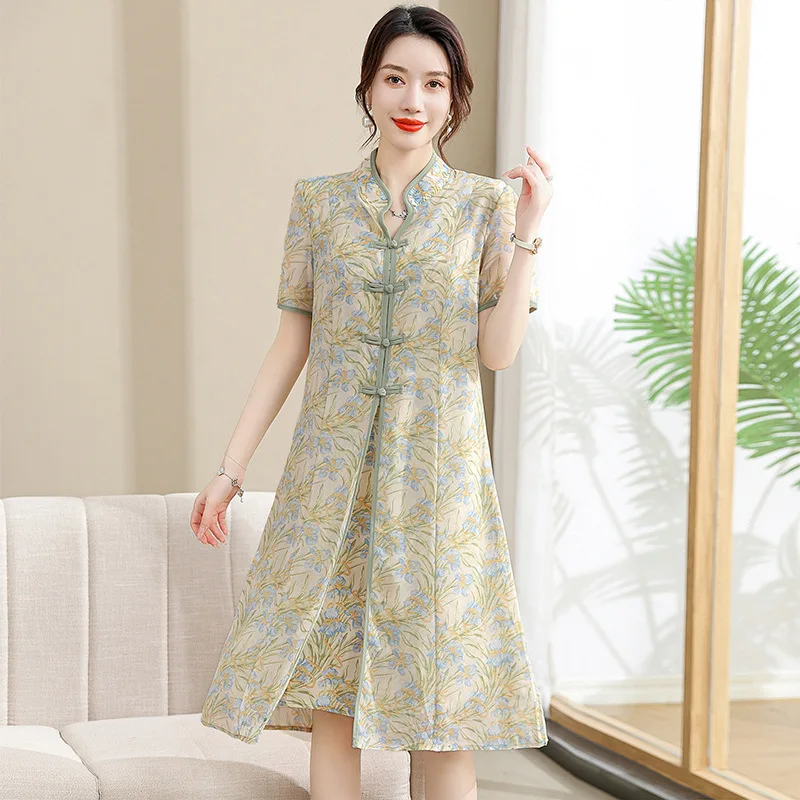 Mom's Summer Mid Length Short Sleeved Cheongsam Dress, Middle-aged Women's Temperament, Fashionable And Slim Long Skirt Printing