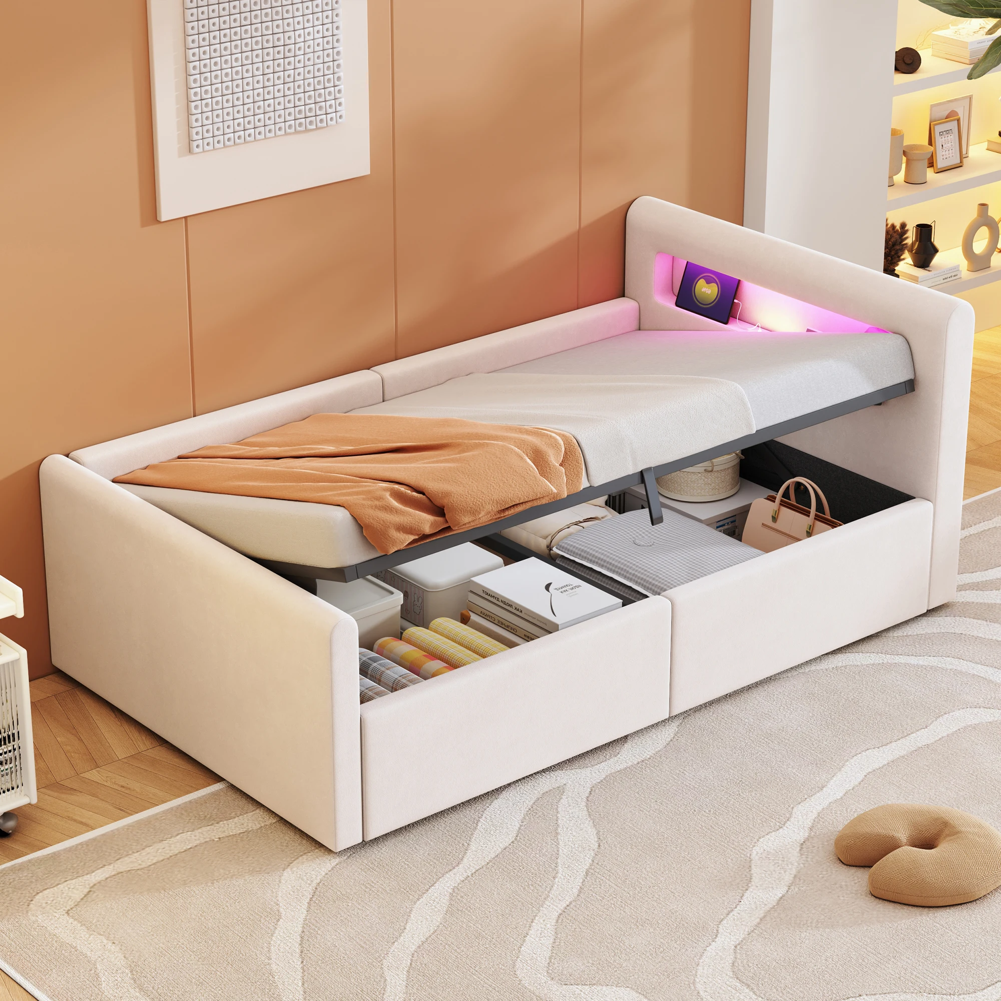 Lit coffre 90x200 cm - lit avec rangement intégré, éclairage LED et port USB, revêtement velours, beige - sans matelas