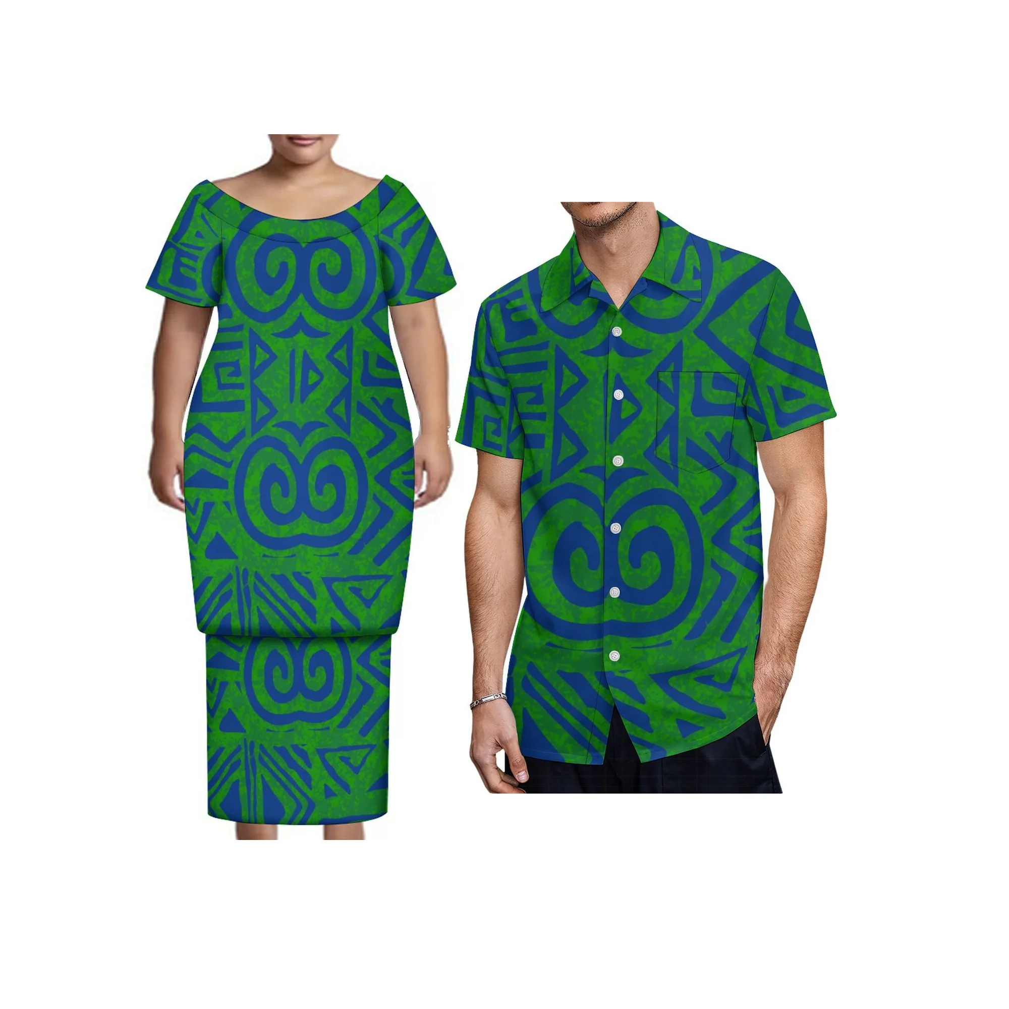 Nieuwe Tonga Polynesische Jurk Met Korte Mouwen Big Size Vrouwen Knop Puletasi Jurk En Aloha Mannen Shirt Match Paar Kleding Tweedelige