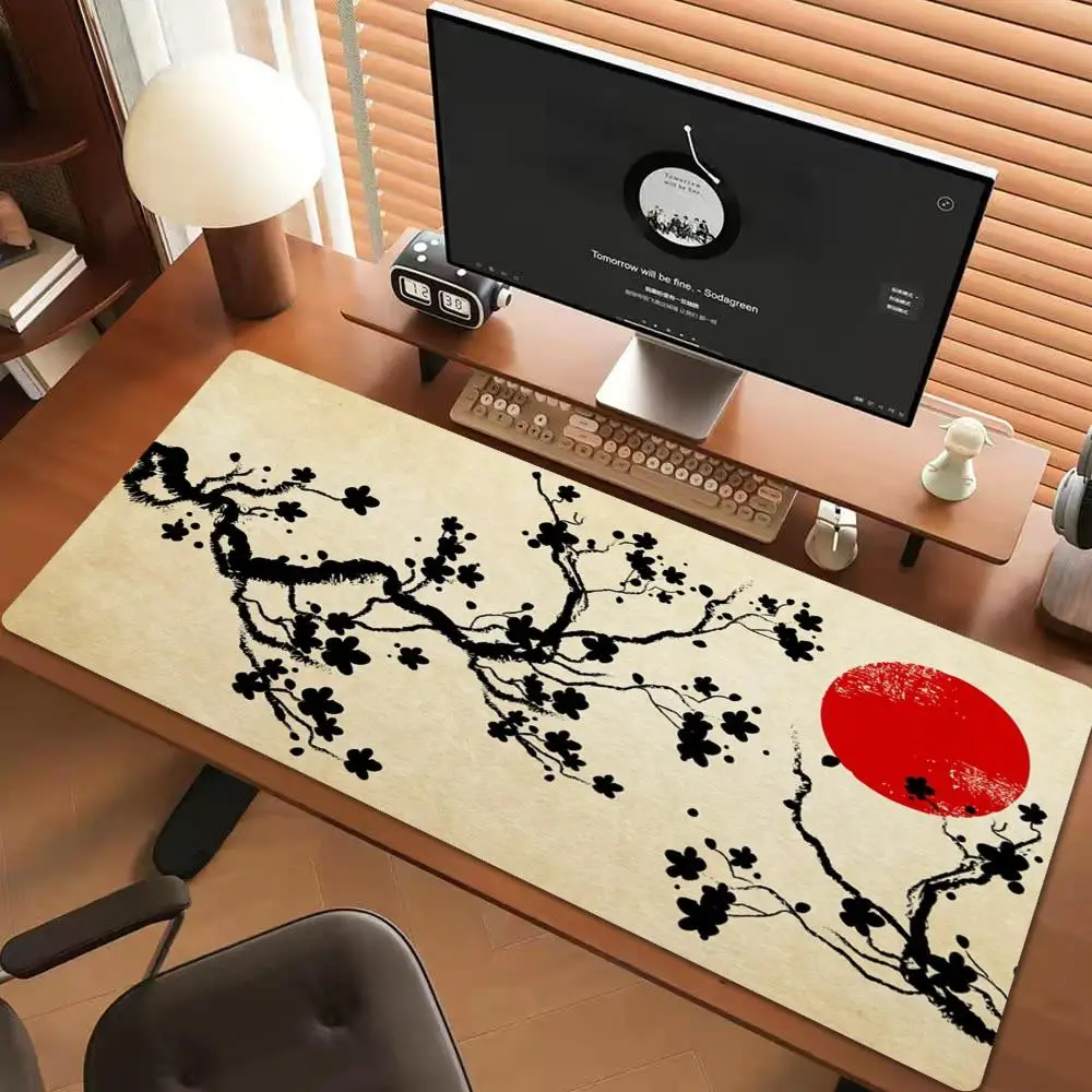 Large XXL Deskmat Vintage Japanese Ink Sakura Branch Red Sun Mouse Pad Non‑Slip Rubber Gaming Keyboard Mats Mousepads For Gamer