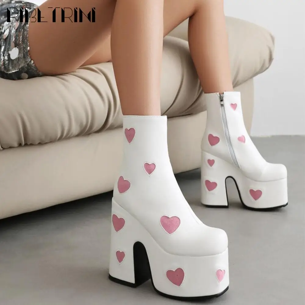 Elegant Women Ankle Boots Zipper Chunky High Heeled Heart Round Toe Platform Shoes Woman Luxury Fahsion Punk Goth Boots Winter