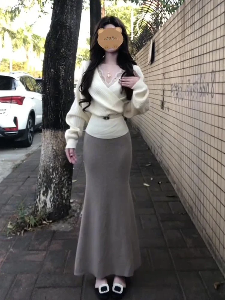 

Ele ort вязаный свитер V-Ne Slim Fit женский модный комплект с юбкой Fi Tail, костюм из двух предметов на осень-зиму