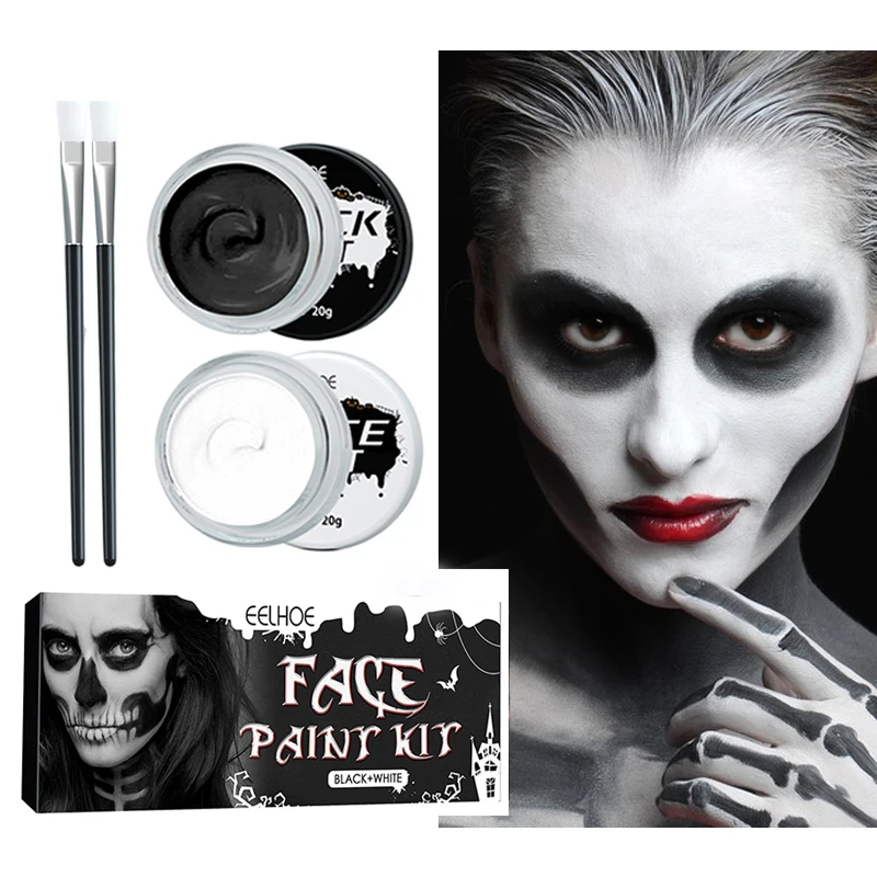 2 Pcs Black White Halloween Face Paint Set, Rich Colors, Highly Pigmented Face and Body Paint, Halloween Character Role-Playing