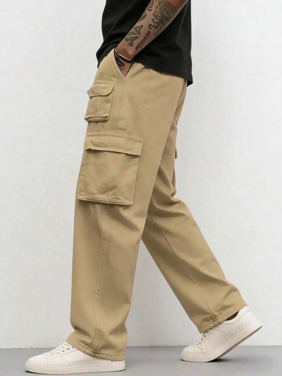 

Mens Cargo Trousers Khaki Loose Straight Leg With Multiple Pockets Casual Outdoor Pants