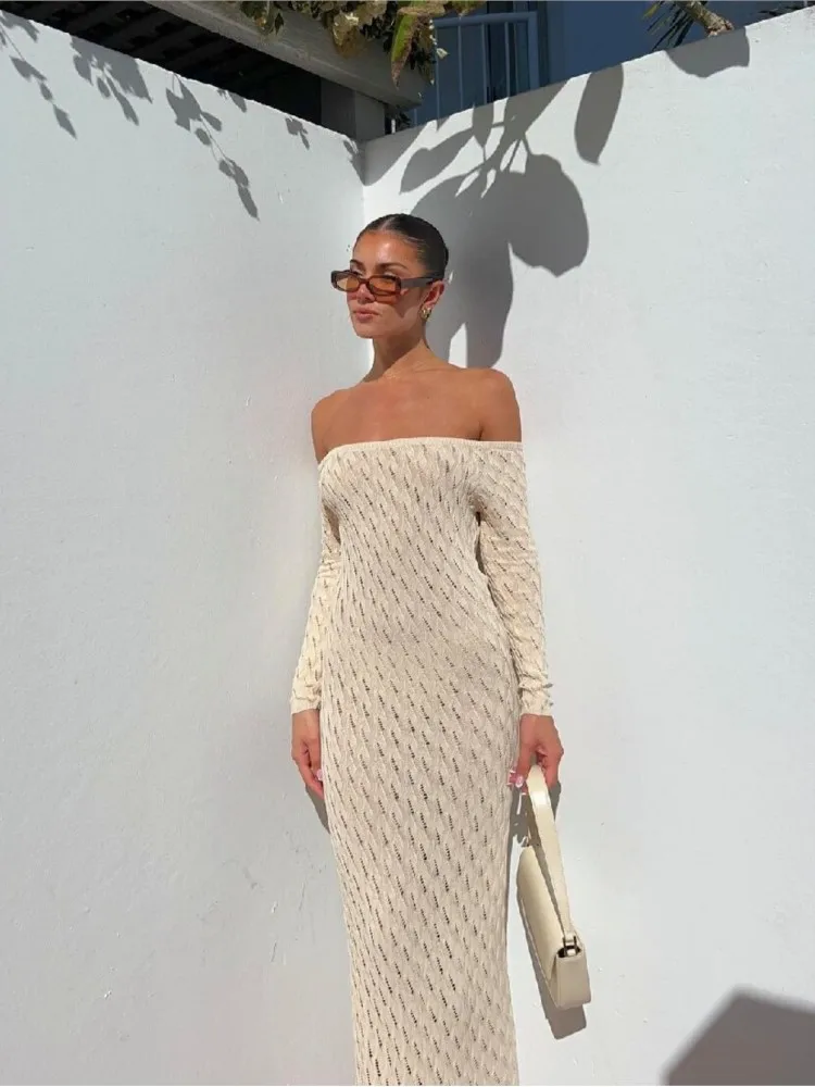 

Elegant Dress Temperament Vestidos Beachwear Long Dresses Simple Style Sexy Solid Color Hollow Out Holiday One Line Neck Knitted