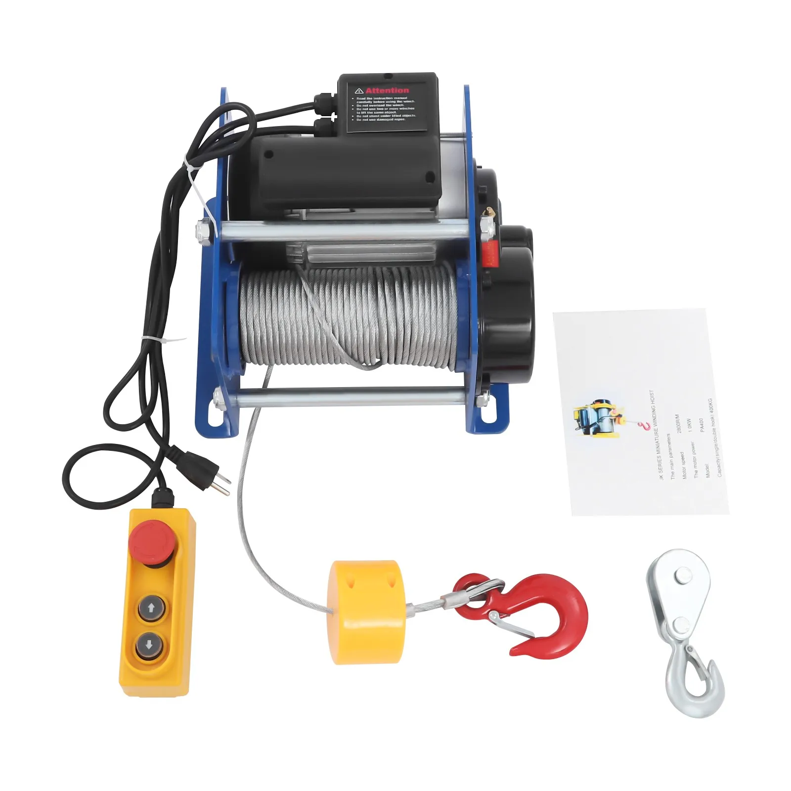 รอกไฟฟ้า 1000 วัตต์ พร้อมรีโมทแบบมีสาย รอกไฟฟ้าพร้อมลวดสลิงเหล็ก 98.43 ฟุต 2800 รอบต่อนาที