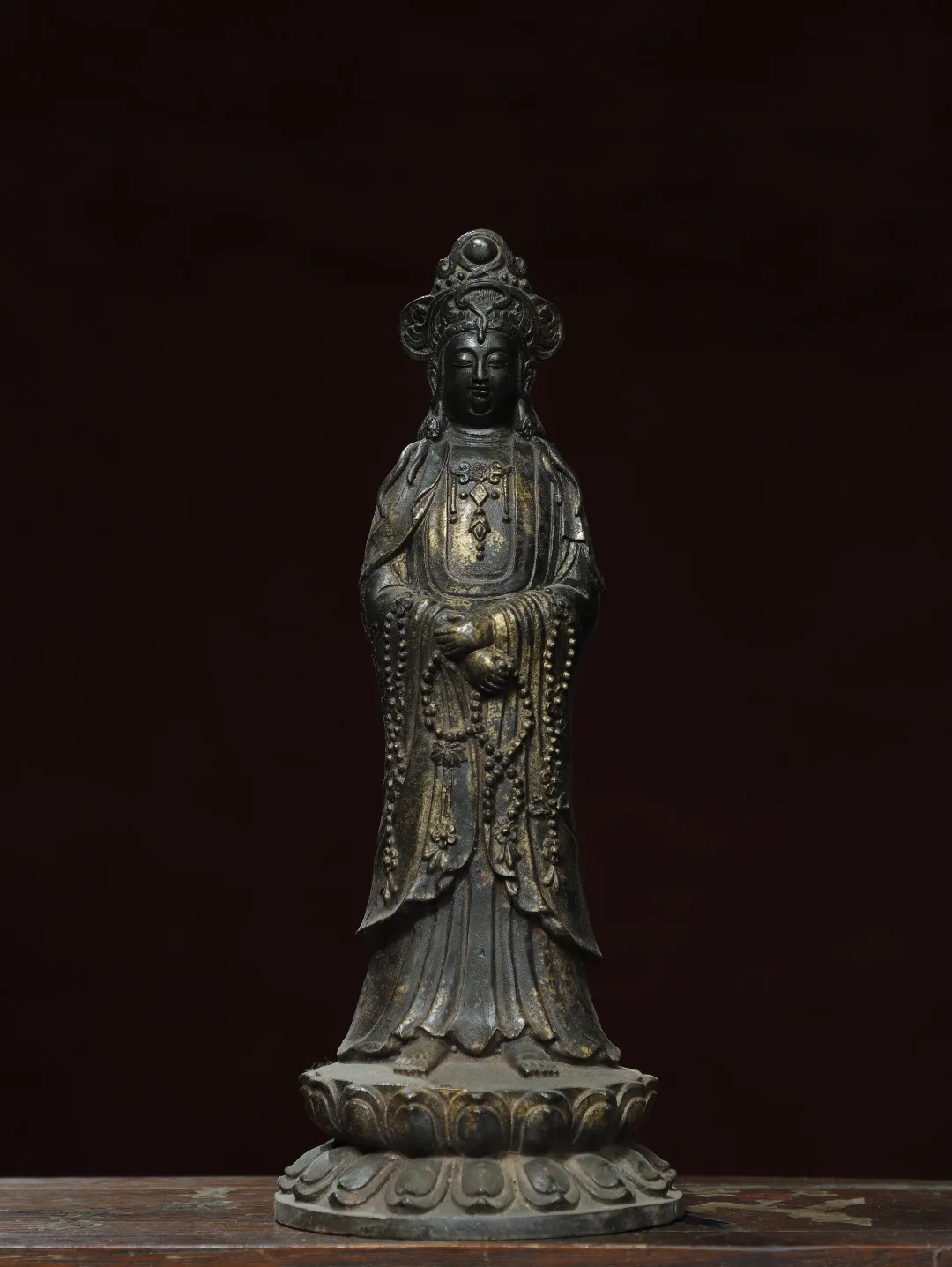 

13-дюймовая старинная тибетская коллекционная фигурка: старинная бронза, киноварь, золото, Гуаньинь, Бодхисаттва Амитабха, стоящий Будда. Для храмов и домашнего использования.