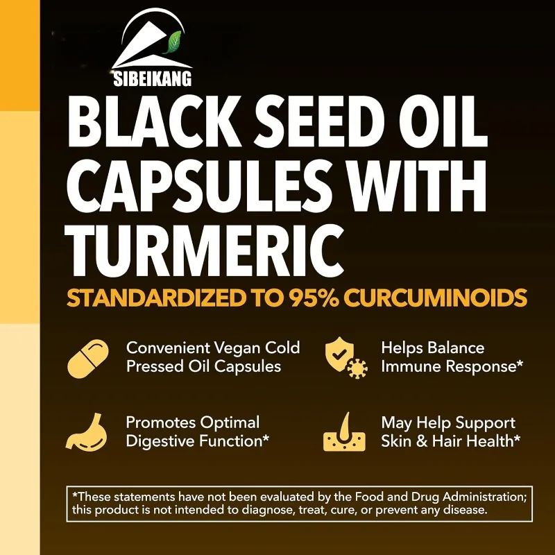 Black Seed Oil Capsules with Turmeric and Curcumin Supplements - Immune and Digestive Health Support -60 Capsules