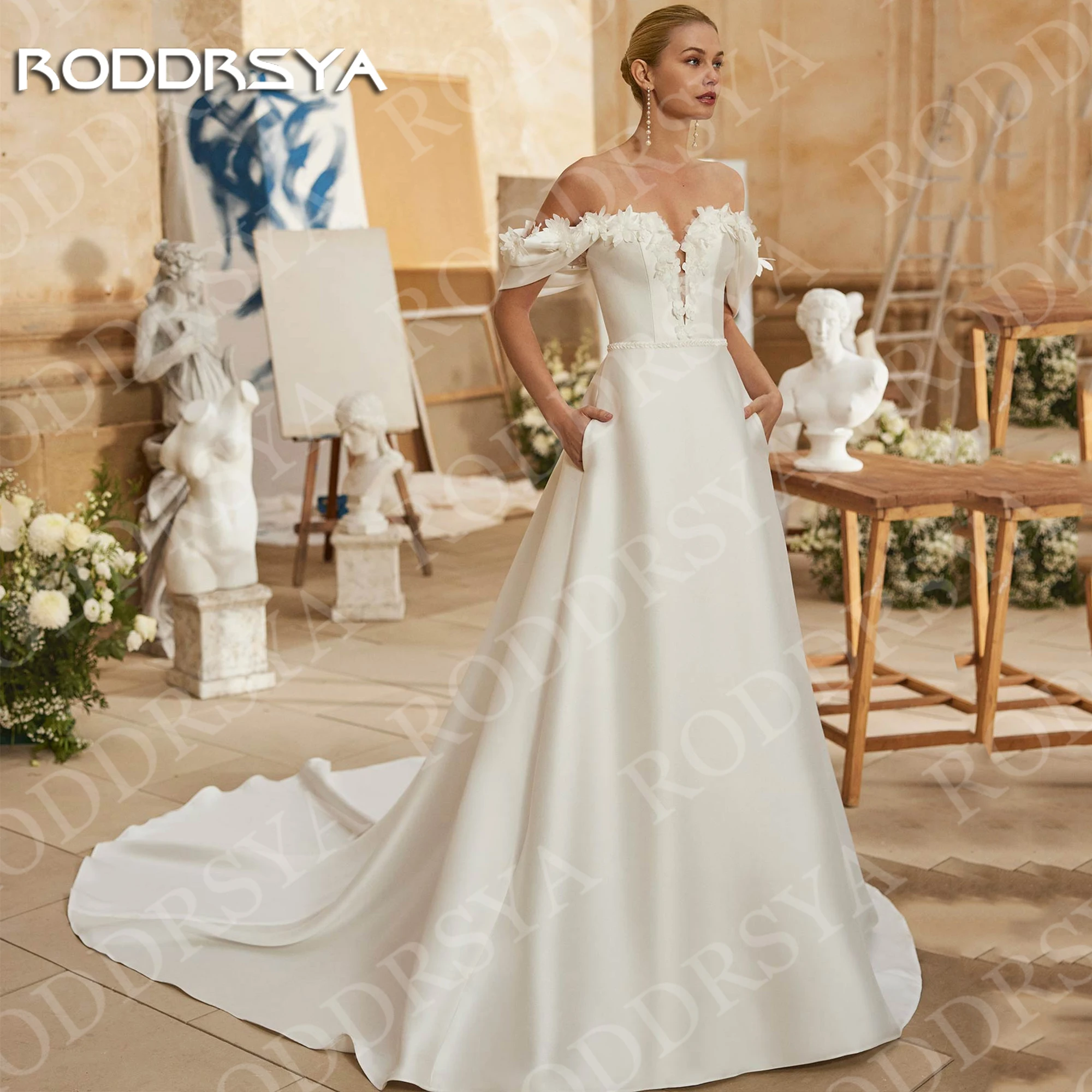

RODDRSYA Off the Shoulder Wedding Dress Woman 3D Flowers Sweetheart Neck A Line Satin Bridal Dresses Customized vestido boda