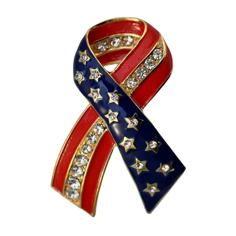 American Flag Pentagram Bow Gold Tone Crystal Brooch Lapel Pins USA Patriotic Jewelry for Women Men Coat Suit  Corsage