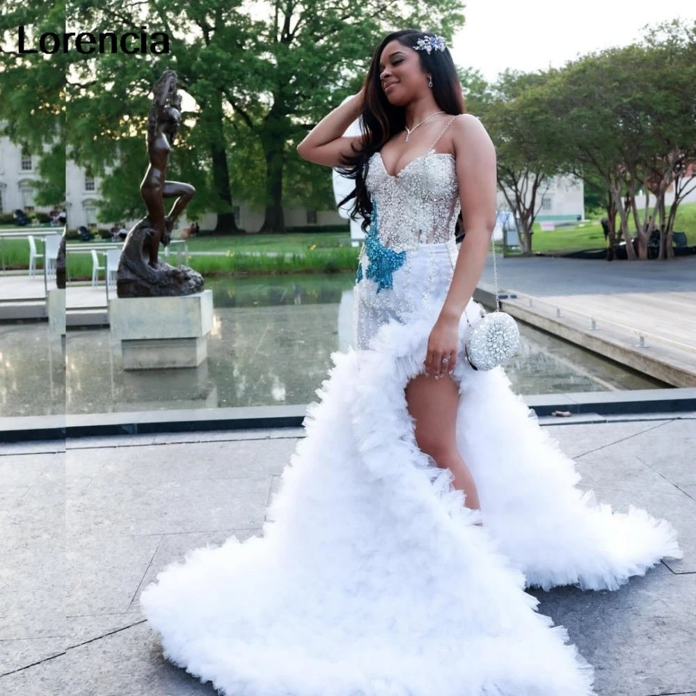 

Customized Sparkly Sexy White Sequins Women's Prom Dress Crystal Beaded Ruffles High Slit Evening Gown Robe De Sorrie YPD298