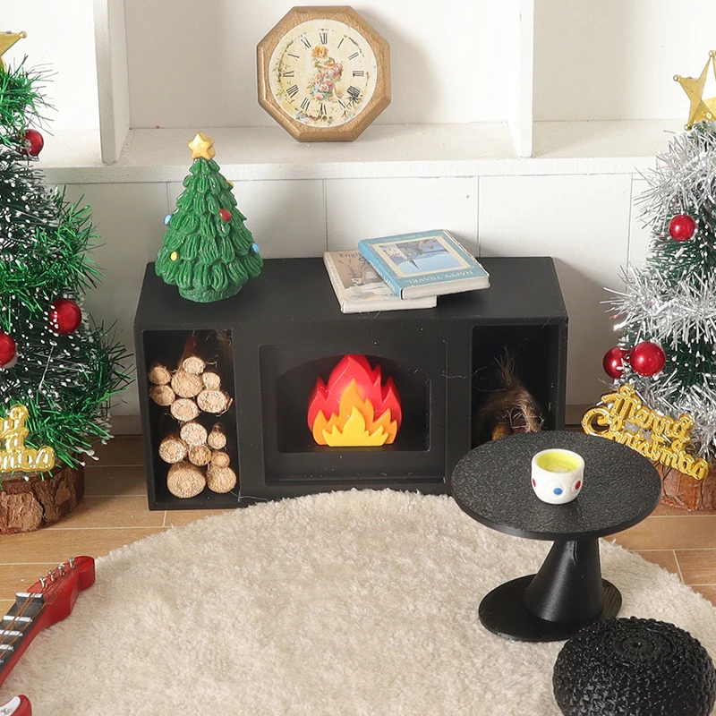 1/12 casa de bonecas mini lareira iluminada modelo casa de bonecas decoração de cena de natal casa de bonecas simulação acessórios de móveis