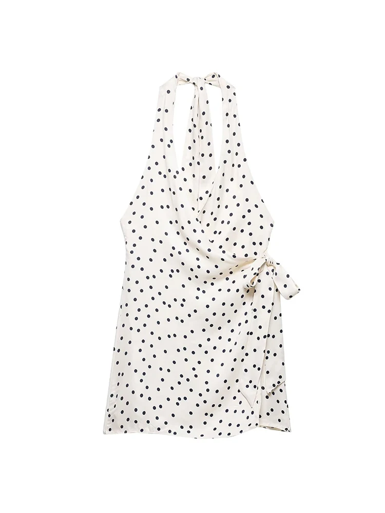 Elegantes Minikleid mit Punktmuster für Damen, V-Ausschnitt, Sommer, lässige Partykleider, Neckholder, Schleife, ärmellos, Vintage-Damen-Urlaubskleider