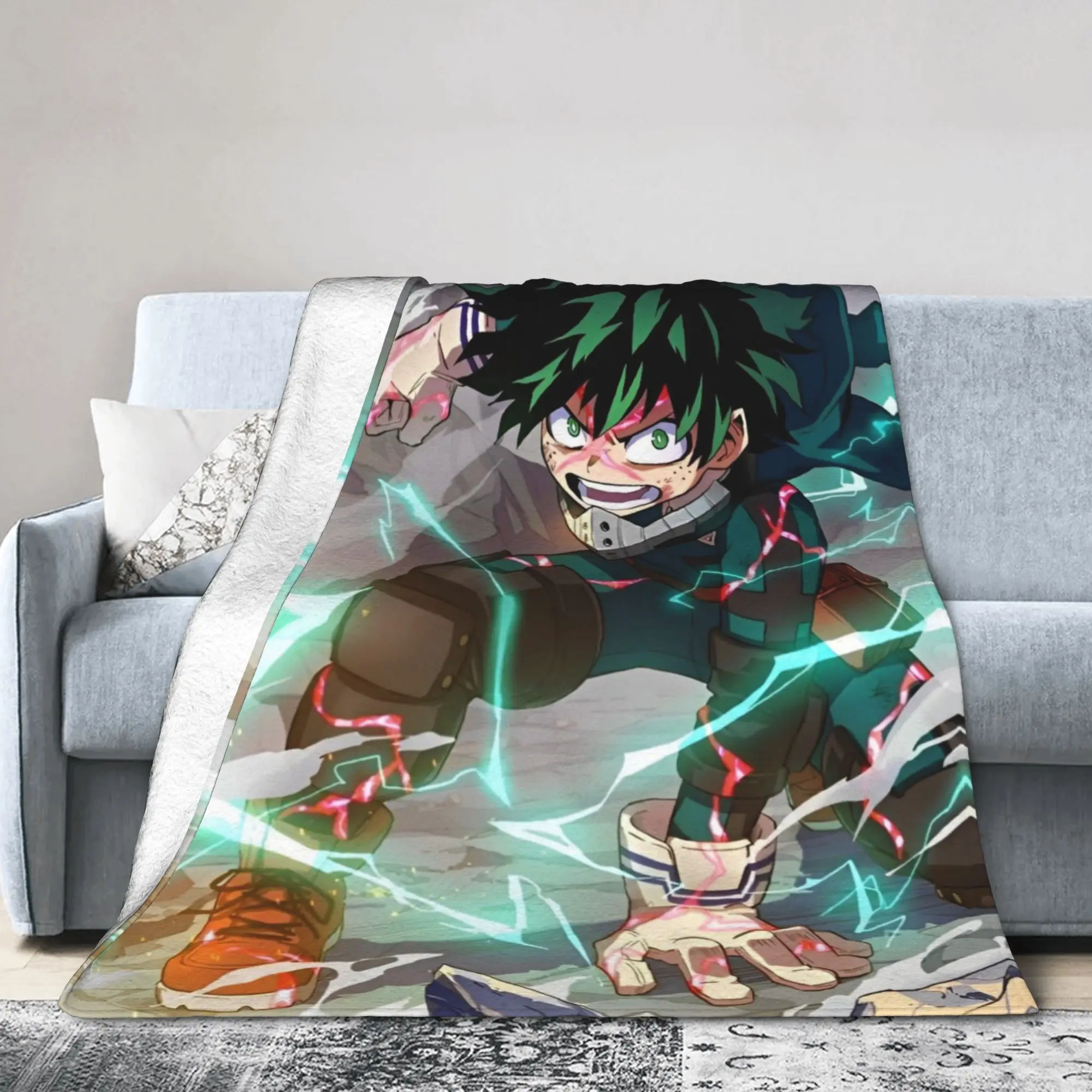 Cartoon MHA Anime  Blanket Cover Fleece Midoriya Izuku Lightweight Thin Throw Blankets for Airplane Travel Bed Rug