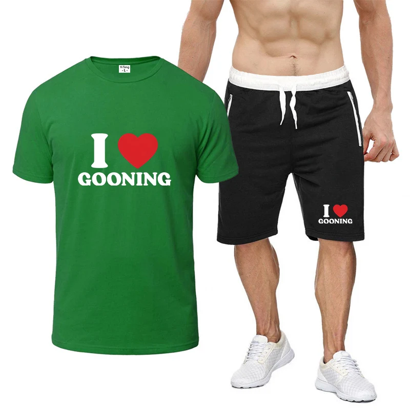 

2025 I Love Gooning Logo Print New Men's Fashion Summer Short Sleeves Solid Color Classic Casual Slim T-shirt Pants Suits