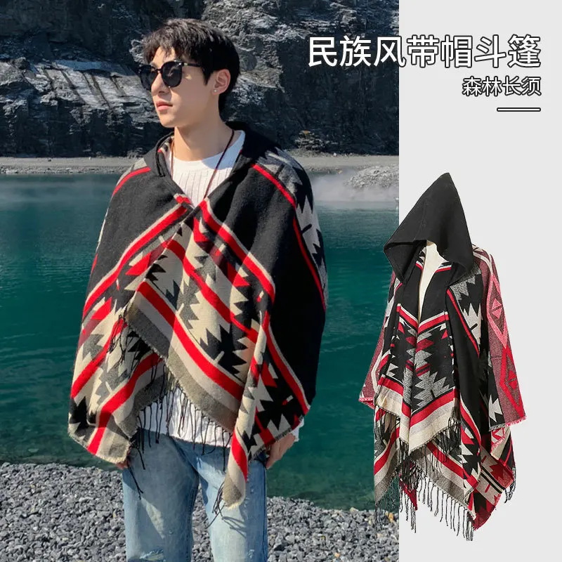 New Tourism Cloak Male Hooded Warmth Scarf Warmth Shawl Capes Print Tassels Jacket Men Poncho Outwear Big Size Pashmina
