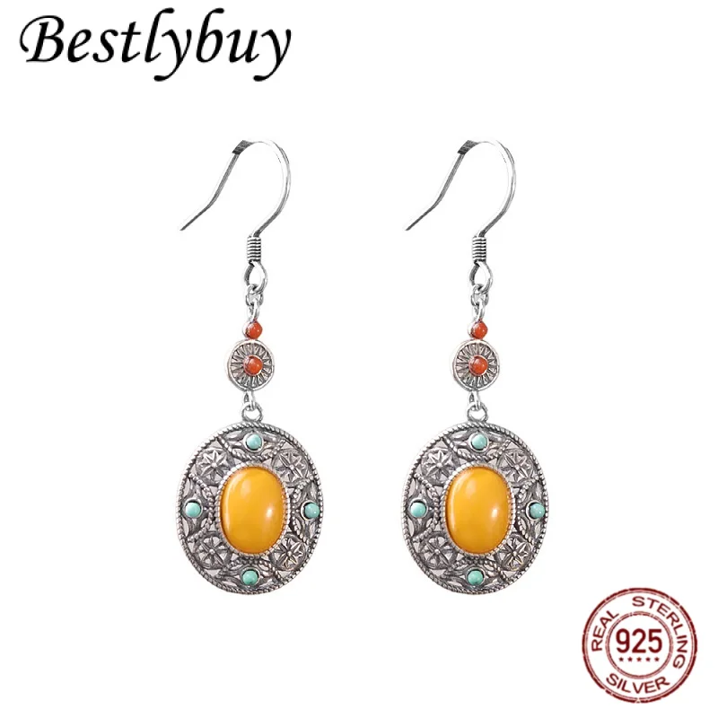 

Nepal Handmade Jewelry S925 Silver Turquoise/Beeswax Ethnic Style Earrings Original Design Multi-color Natural Gemstone Earrings