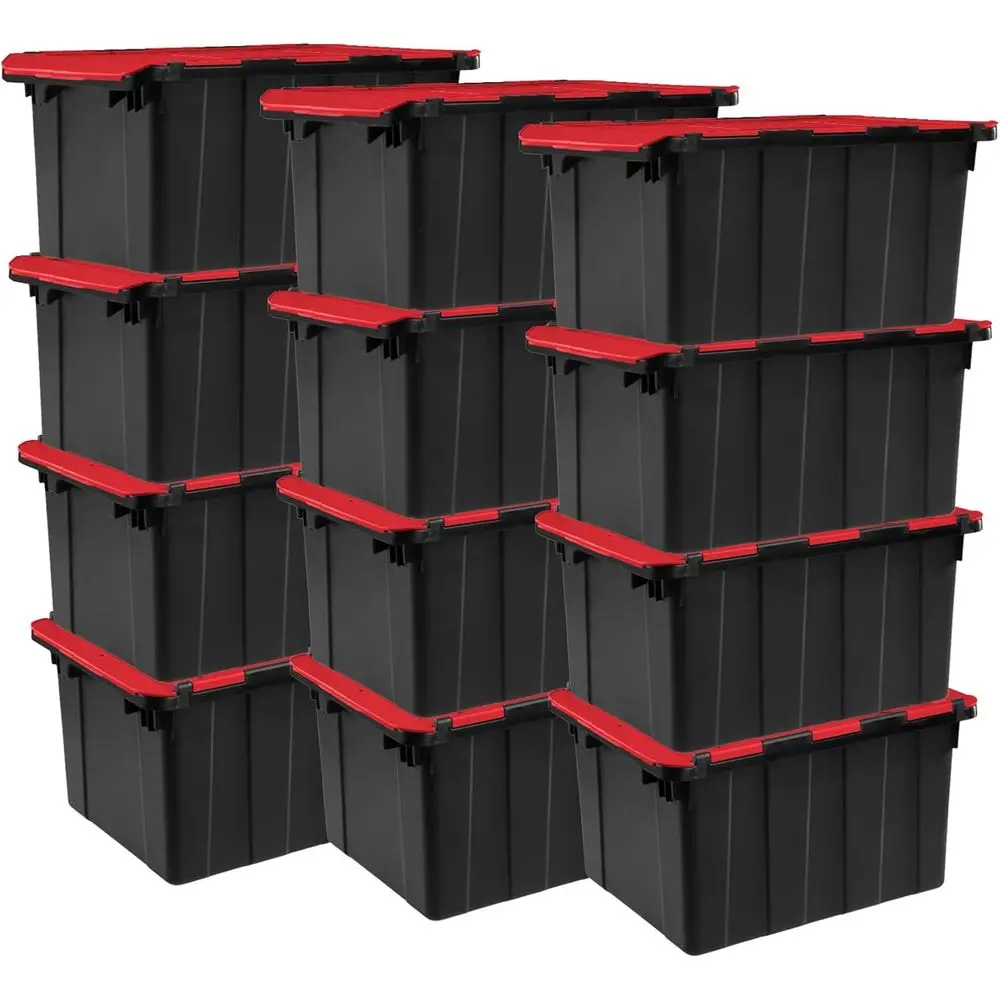 

12-Pack 12 Gallon Hinged Lid Industrial Tote, Heavy-Duty Plastic Organizer - Stackable Multipose Home Storage Bins with Contoure