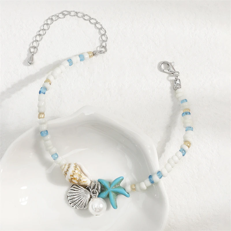 Classic Boho Blue Starfish Beaded Bracelet for Women Summer Charm Shell Pendant Bracelet Handmade Adjustable Friendship Jewelry