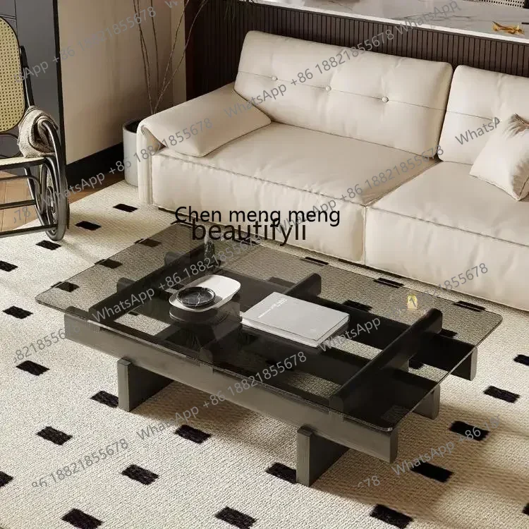 D178   French small apartment rectangular design ash solid wood living room tempered glass coffee table