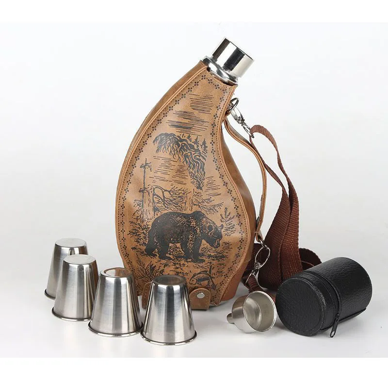 Creative Stainless Steel Horn Style Wine Bottle Portable Outdoor Bottle Large Capacity Wine Bottle With PU Leather Cover ZD601