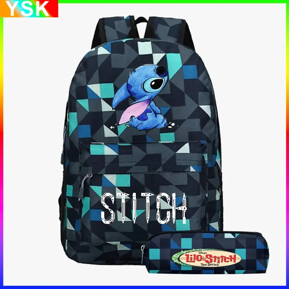 MINISO Disney Stitch Lilo & Stitch 2023 New Blue Plaid Two-piece School Bag Male and Female Student Cylindrical School Bag