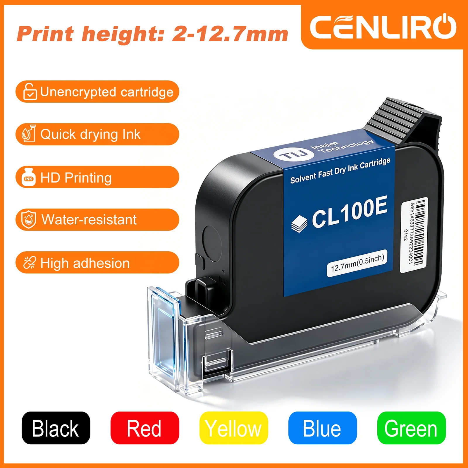 CENLIRO CL100E 12.7mm 0.5 Inch TIJ Ink Cartridge for Handheld Inkjet Printer HD Waterproof Fast Drying Strong Adhesion