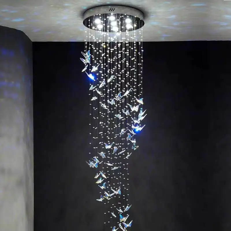 K9 Crystal Butterfly Chandelier for Staircase Duplex Hotel Lobby Restaurant Living Room Decor Italy Luxury Ceiling Lamp Fixture
