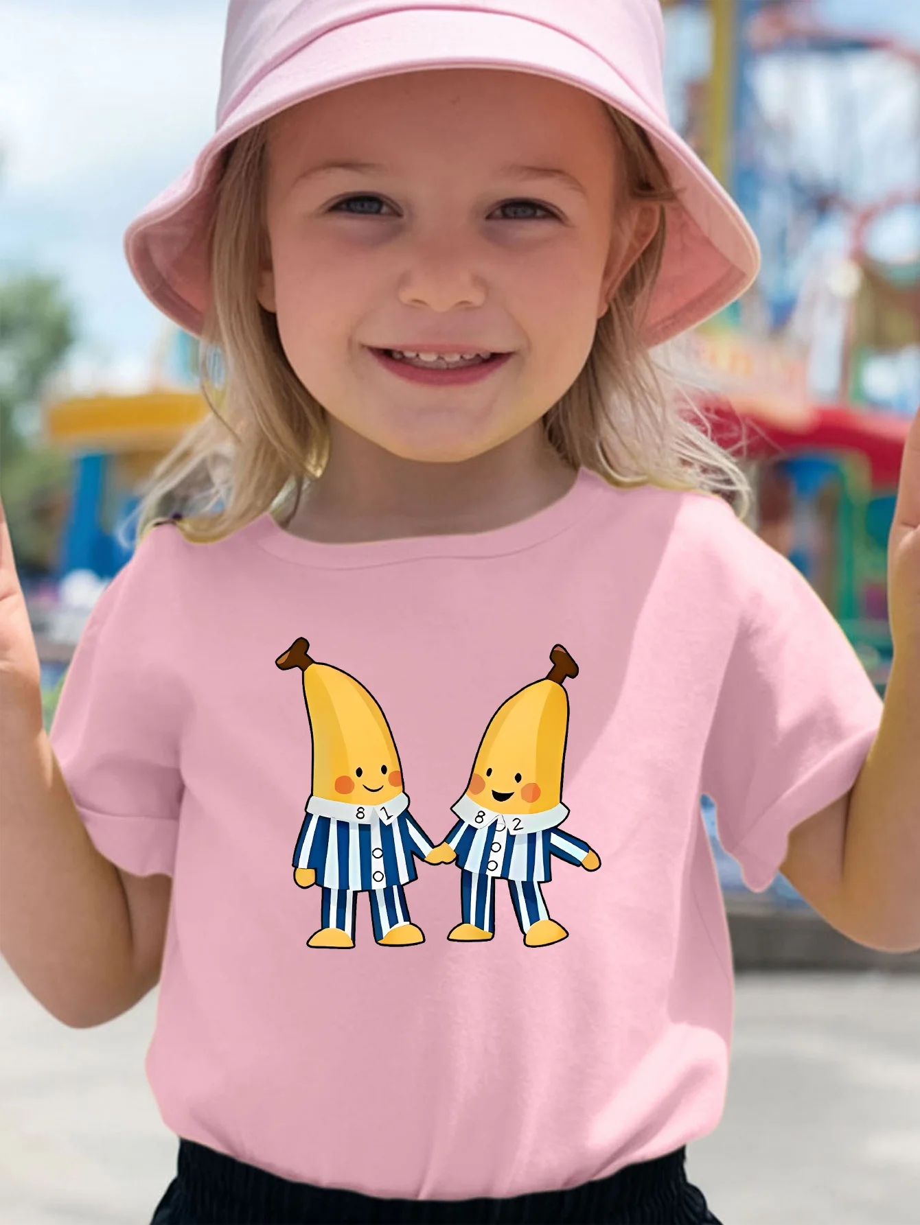 Cute Cartoon Bananas In Striped Pajamas Print Family Matching T Shirt Boys Girls Soft Summer Short  Tees Parent‑Child Daily Tops