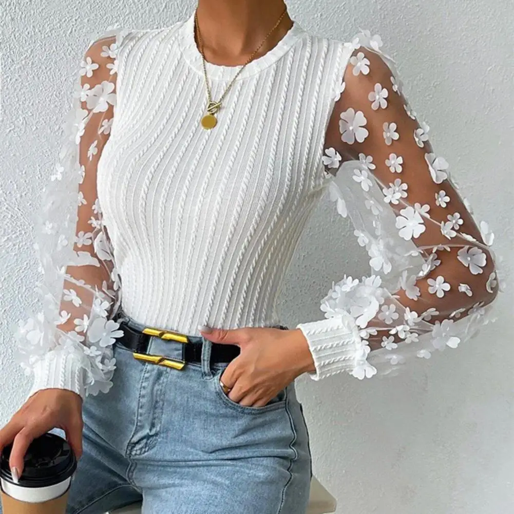 

Women Shirt See-through Mesh Flower Applique Round Neck Long Sleeve Solid Color Pullovern Soft Patchwork Twist Texture Top