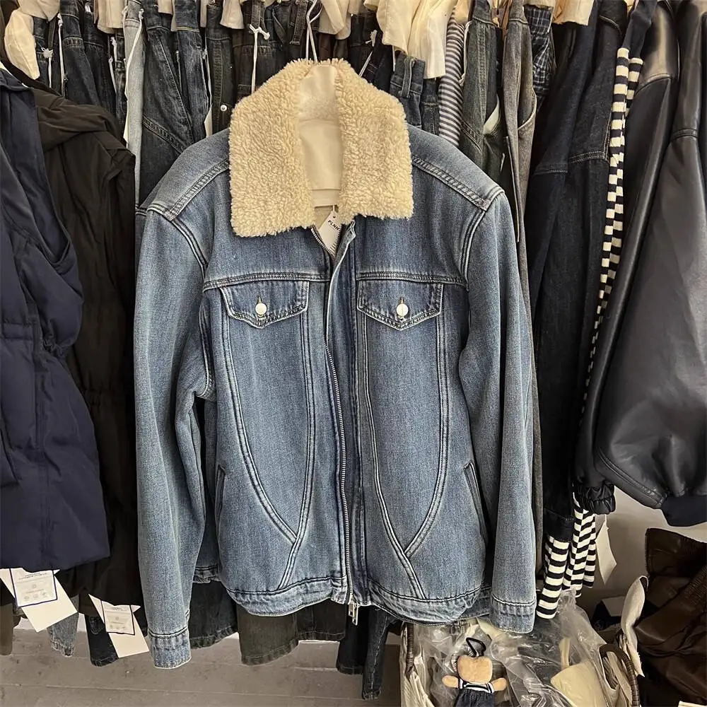 Denim Coats Moto Biker Jeans for Women Jackets Zipper Pocket Turn Down Collar Long Sleeve Thick Loose Casual 2025 Autumn Winter