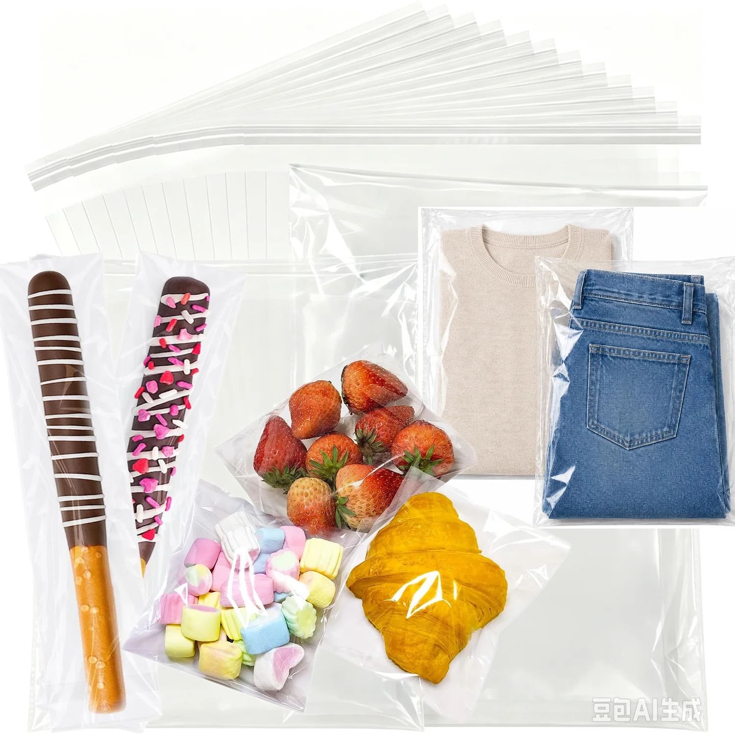 Multi sized transparent bags with sealed paper bags, for packaging cookies, desserts, gifts,products,candies,clothes,shoes, etc