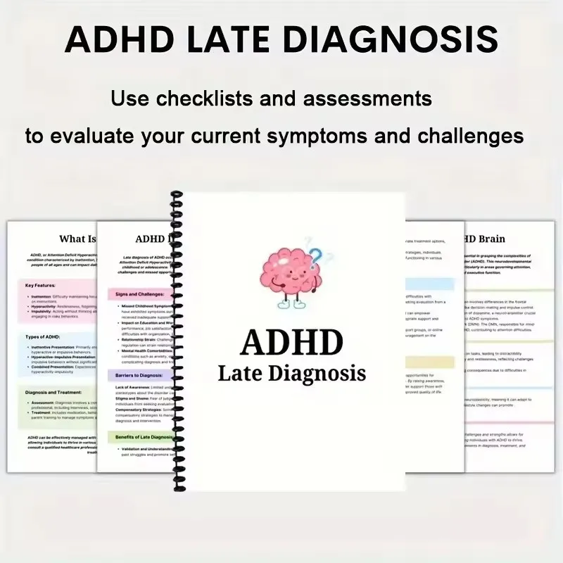 

Рабочие листы планировщика поздней диагностики СДВГ — обложка с иллюстрацией мозга, книга инструментов для решения дел и проблем