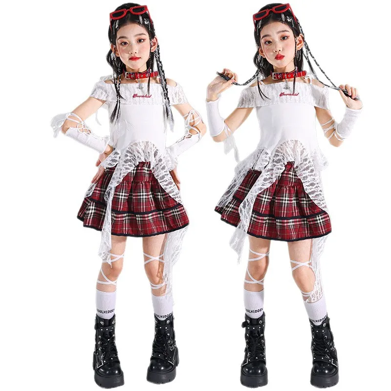 

Детский джазовый костюм Kpop танцевальный костюм с открытыми плечами, белый топ, джинсовая юбка, модельная одежда для выступлений на сцене, уличная одежда для девочек