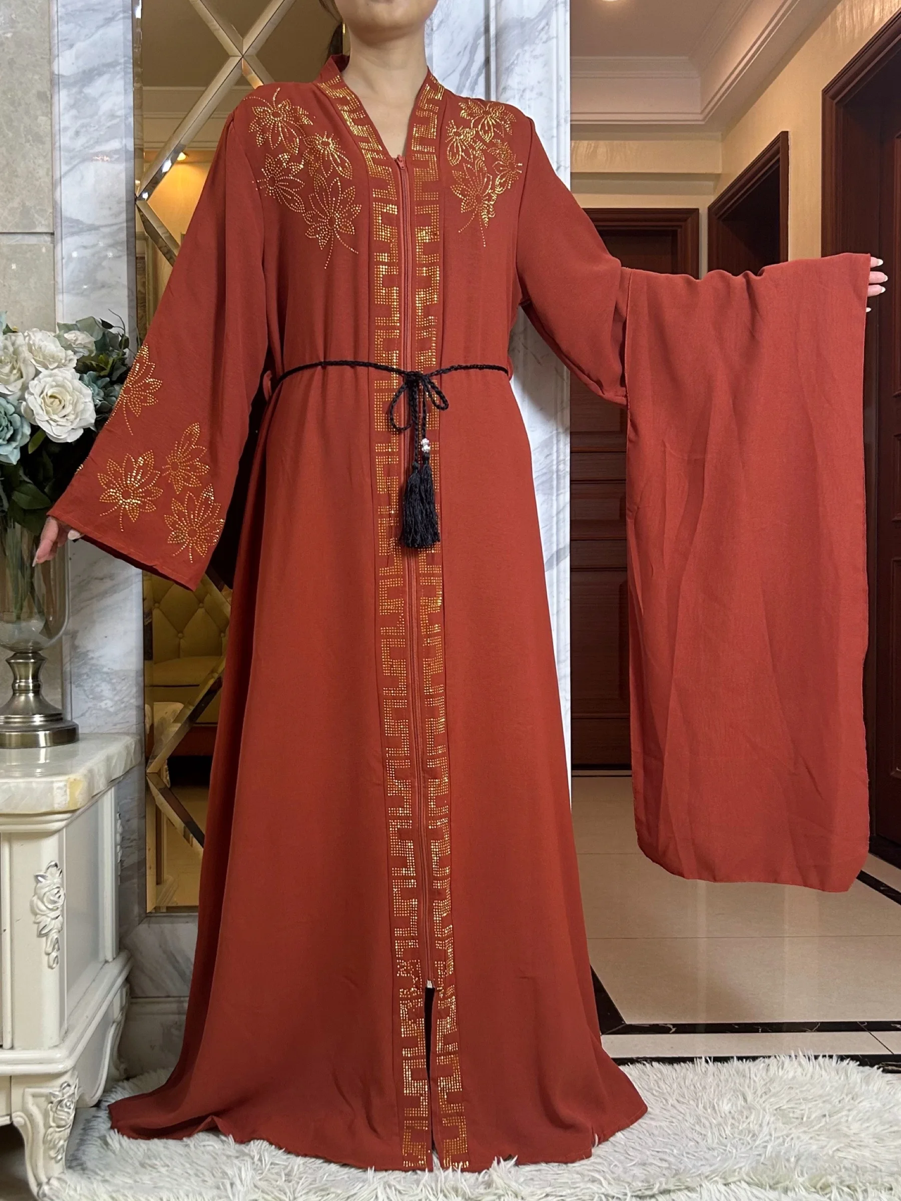 New Women Elegant Dress Chiffon Open Abaya with Zipper Muslim Women Dress Islamic Clothing Cardigan Abaya Women Muslim Dress