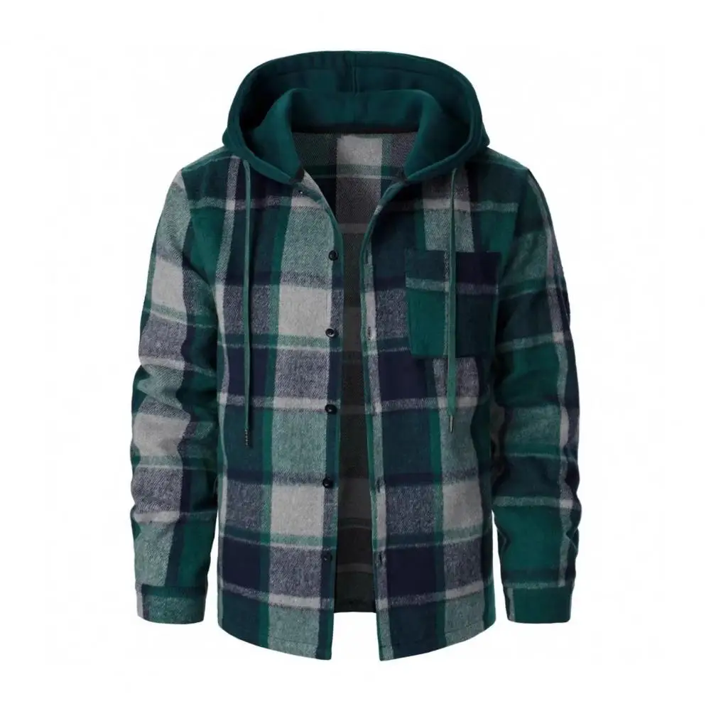 Hooded plaid shirt versatile casual loose jacket Men Coat Long Sleeve Plaid Print Jacket Street Style Spring Autumn Jacket