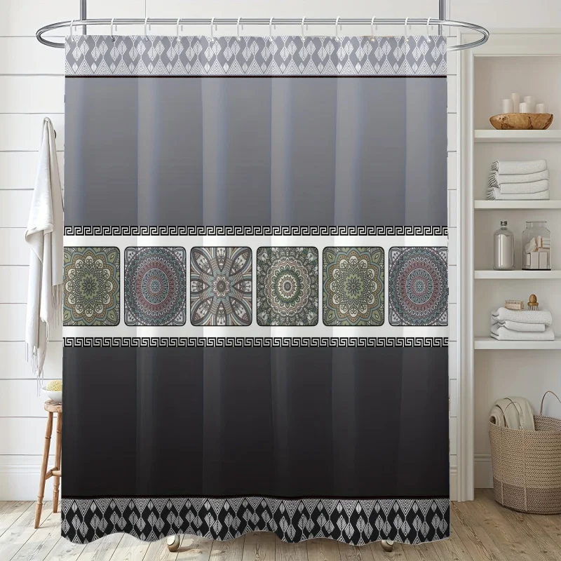 1pc of dark gray retro patterned curtain, waterproof plastic shower hooks, decorated with Mandala totem printe