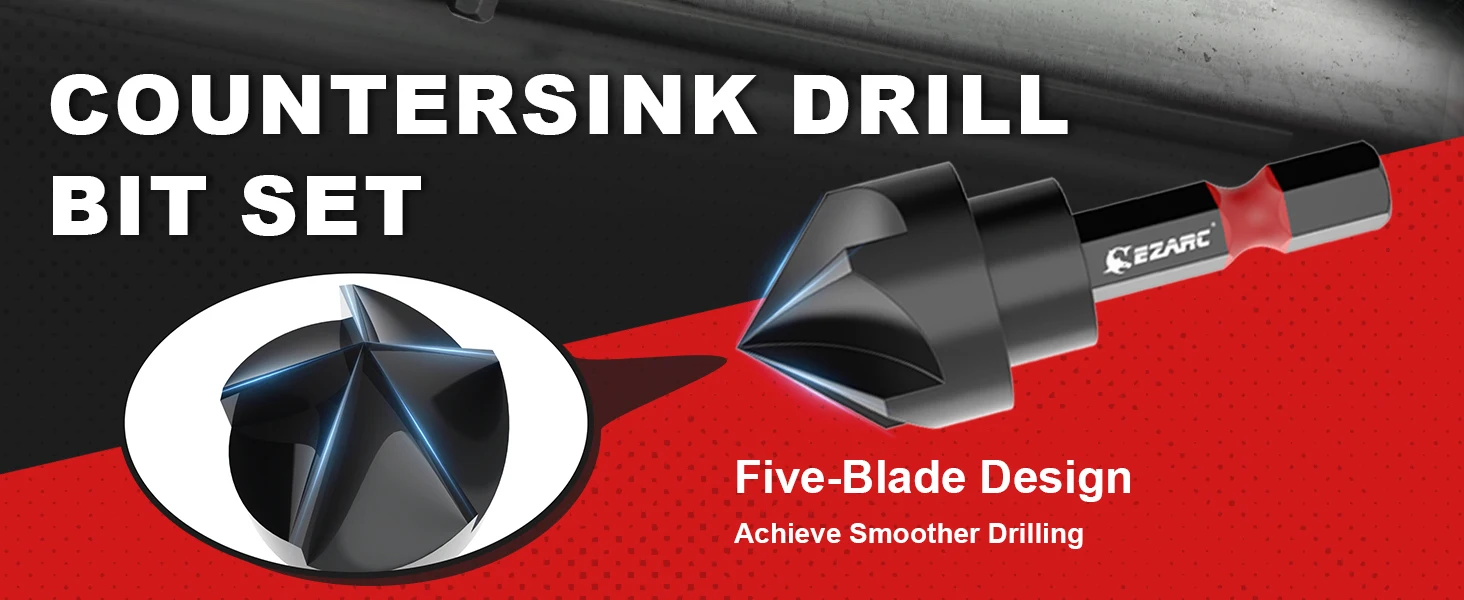 EZARC 5-teiliges HSS-Senkerbohrer-Set für die Metallbearbeitung, 1/4 Zoll, 3/8 Zoll, 1/2 Zoll, 5/8 Zoll, 3/4 Zoll, 82 ° 5-schneidiger, 1/4" Sechskantschaft – Detail 2