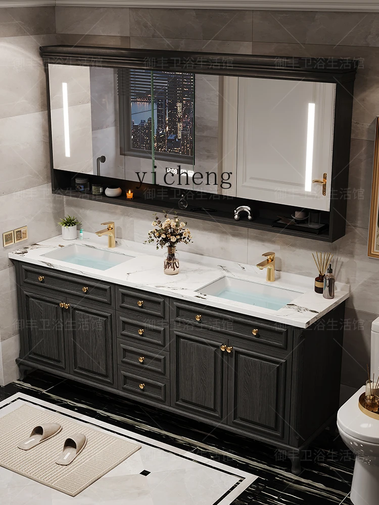 

bathroom cabinet, bathroom, solid wood combination floor-to-ceiling rock slab double basin, intelligent washing table.