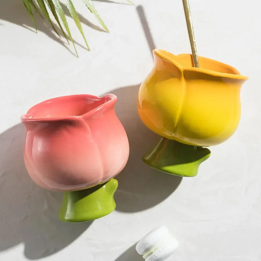 Creative Ceramic Mug Tulip Flower Shape Dessert Cup Tulip Flower Bud Coffee Mug Birthday Present Afternoon Tea Accessories