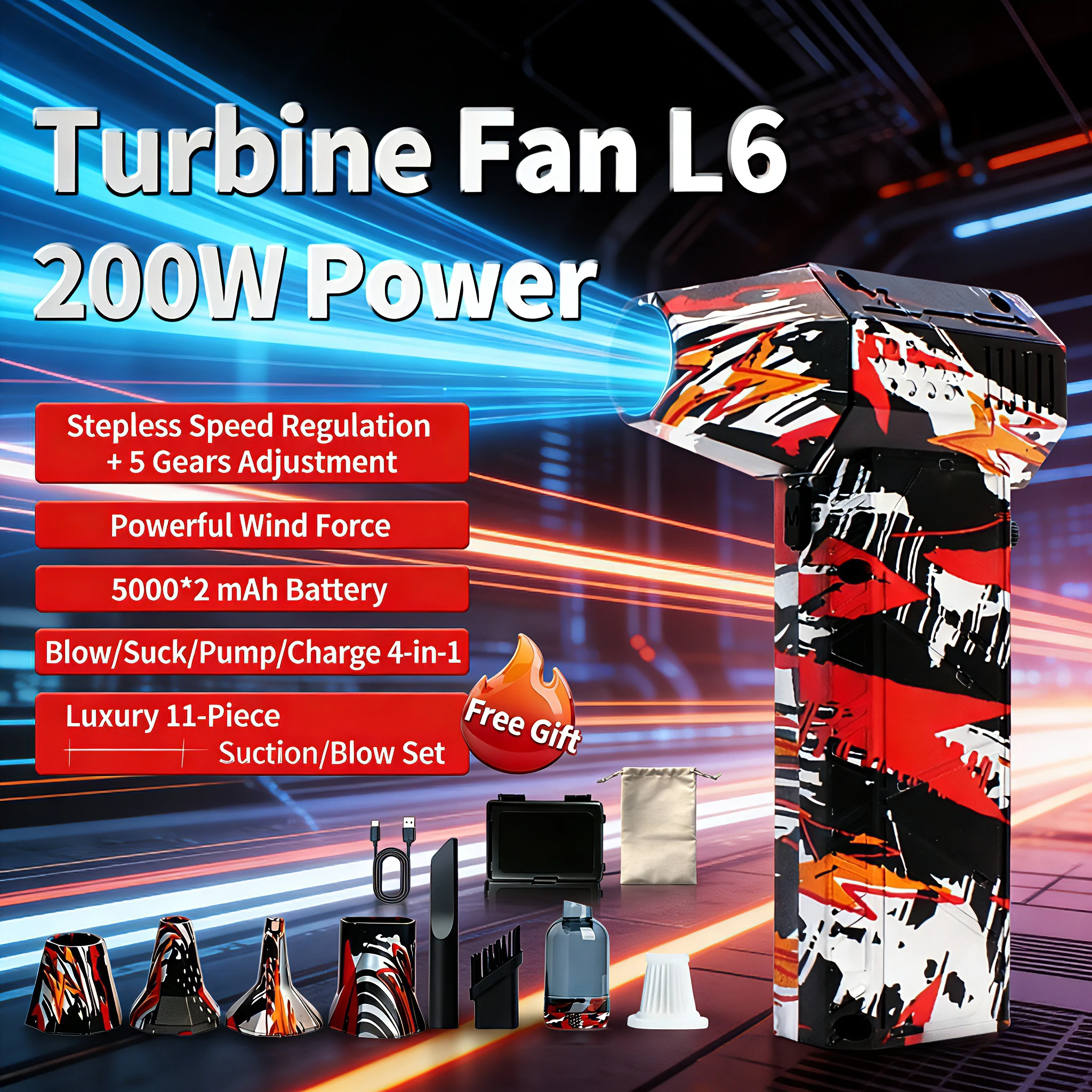 

Бесщеточный сильный ветер L6, 200 000 об/мин, скорость ветра, 53 м/с, перезаряжаемый, мощный пылесборник для пылесоса, дополнительное использование.