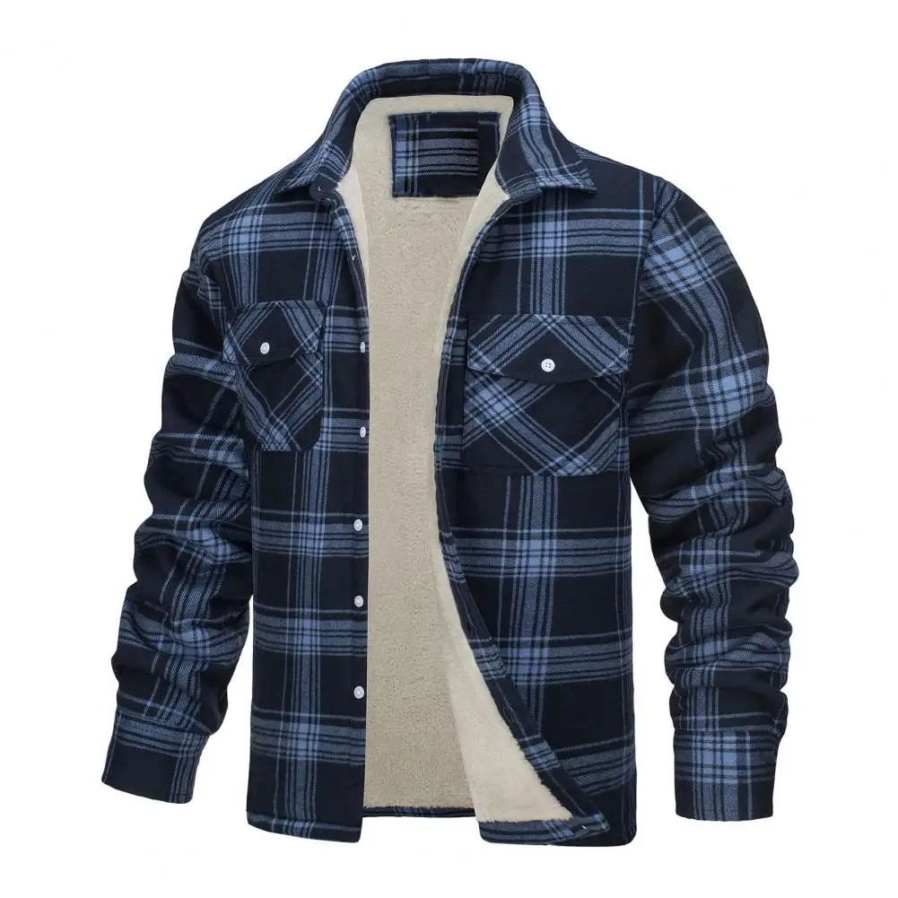 Men Fall Winter Jacket Plaid Print Lapel Soft Plush Long Sleeve Single-breasted Loose Thickened Casual Mid Length Men Coat