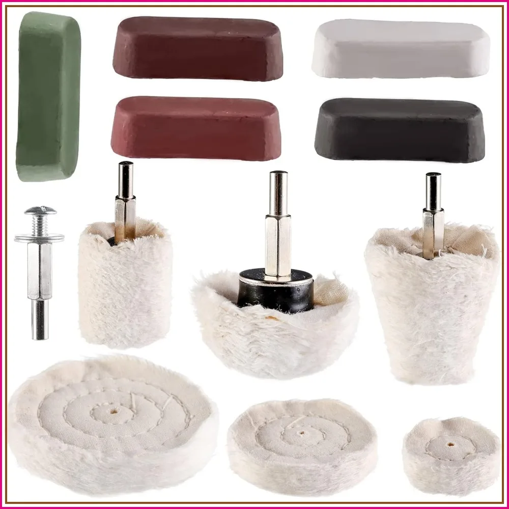 

12-Piece Buffing Pad & Polishing Wheel Set with 5 Compounds, 1/4" Shank - for Metal, Aluminum, Stainless Steel, Chrome
