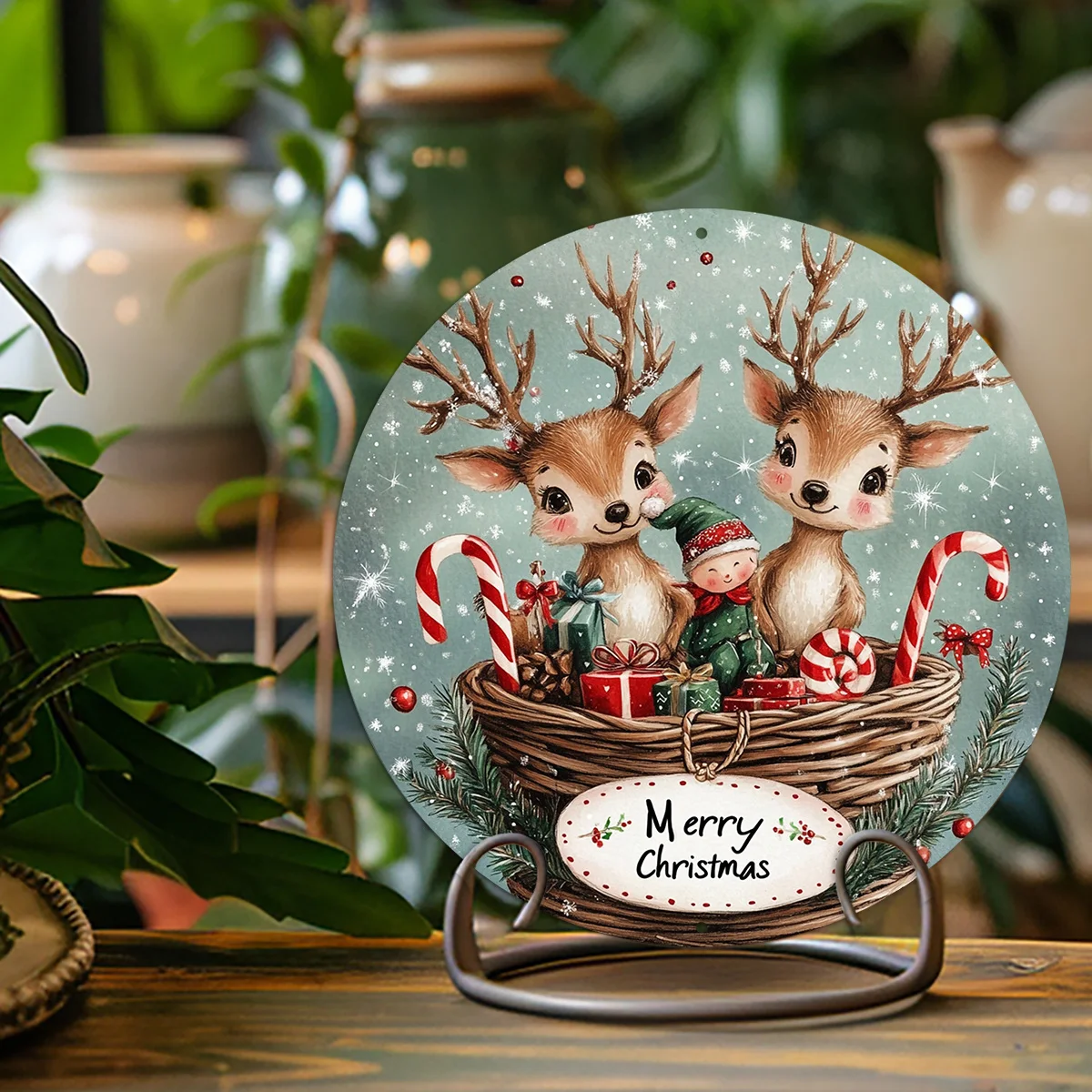 2D Flat, 1pc, 2D Cute Fawn Merry Christmas Round Aluminum Flat Sign, Decoration for Office Room, Home Door, Holiday Gifts, Wall