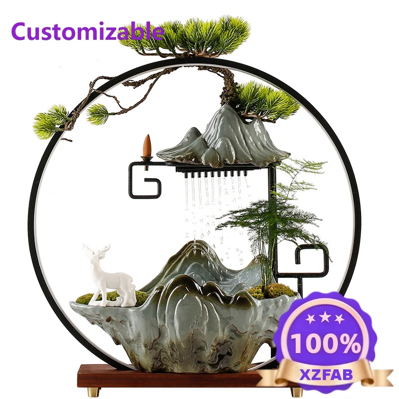 Factory Direct 2026 Humidifier Rockery Chinese Fountain Rain Curtain Lucky Living Room Office Creative Lucky Ornament
