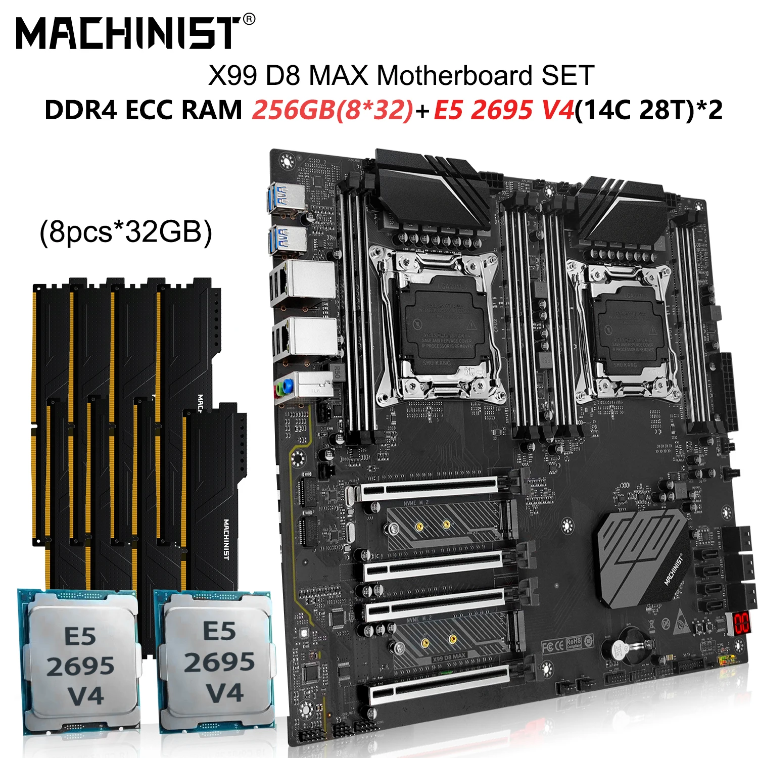 

MACHINIST X99 Motherboard Set LGA 2011-3kit Xeon E5 2695 v4 Dual CPU Processor 8*32=256GB DDR4 ECC RAM Memory NVME M.2 D8 MAX