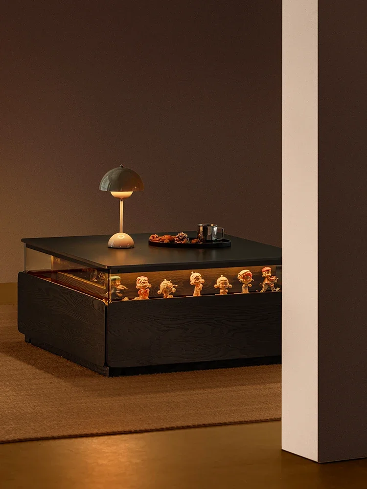 Square Slate Coffee Table, Lighting Atmosphere, Solid Wood Belt, Black, Modern Minimalist Furniture