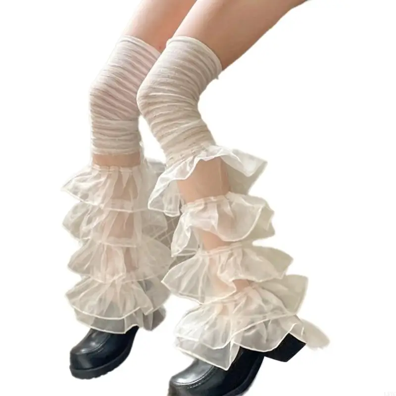 L5YC Scaldamuscoli in pizzo con volant da donna Maniche svasate in rete Calzini alti a coscia