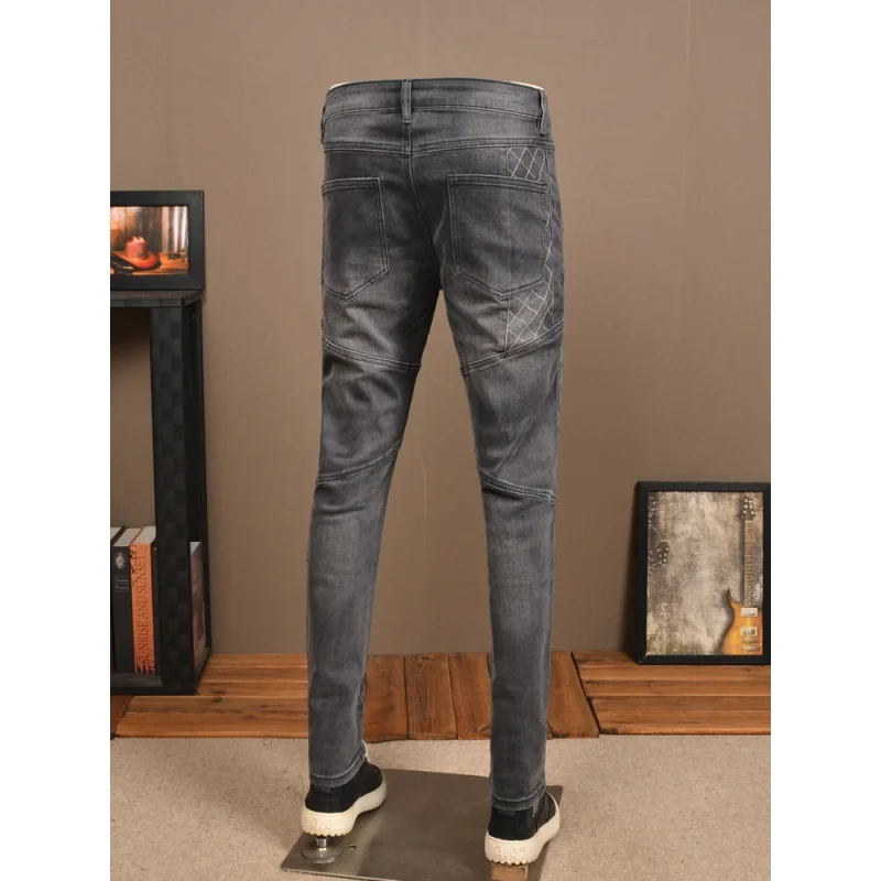 Black and Gray Stitching Jeans Men's Skinny Fashion Fashion Elastic Slim Fit Skinny Retro Washed Casual Motorcycle Men's Pants